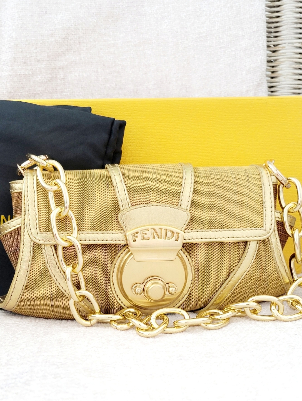 Fendi FF Rare Zucchino Gold Metal Mesh Clutch Mama Baguette Handbag